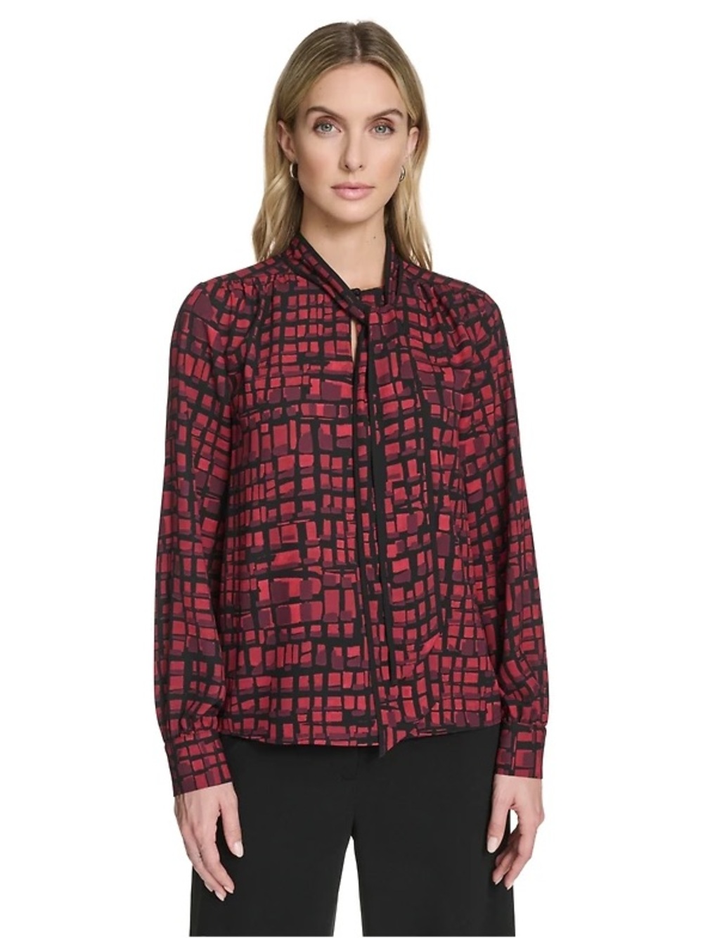 Calvin Klein Red and Black Patterned Long-Sleeve Tie-Neck Blouse